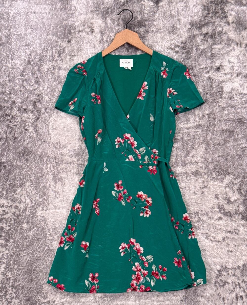 Sezane Dress 34 / US 0 Womens Anastasia Silk Wrap Green Floral Mini